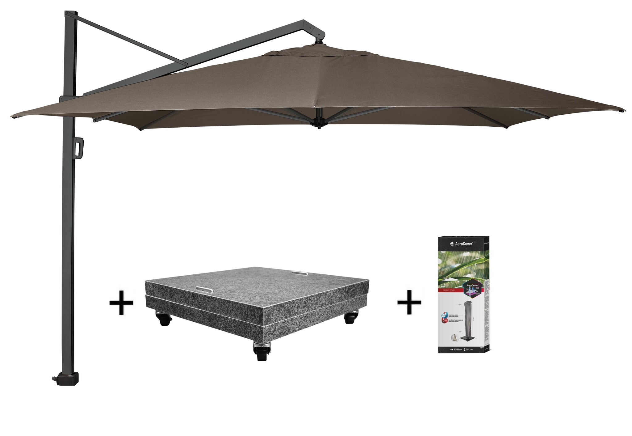 Platinum Icon zweefparasol 350x350 cm havanna met 150 KG voet en hoes