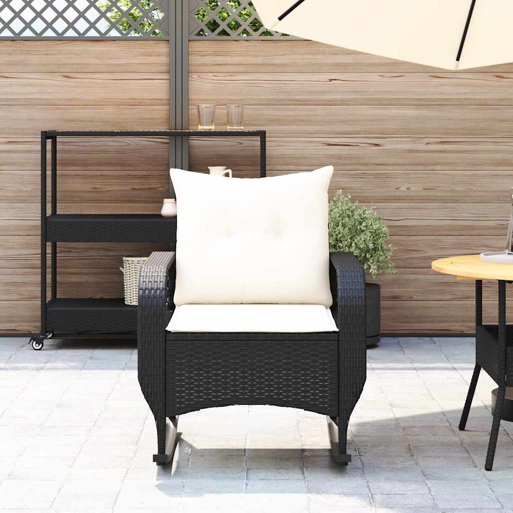 vidaXL Tuinschommelstoel met kussens poly rattan zwart