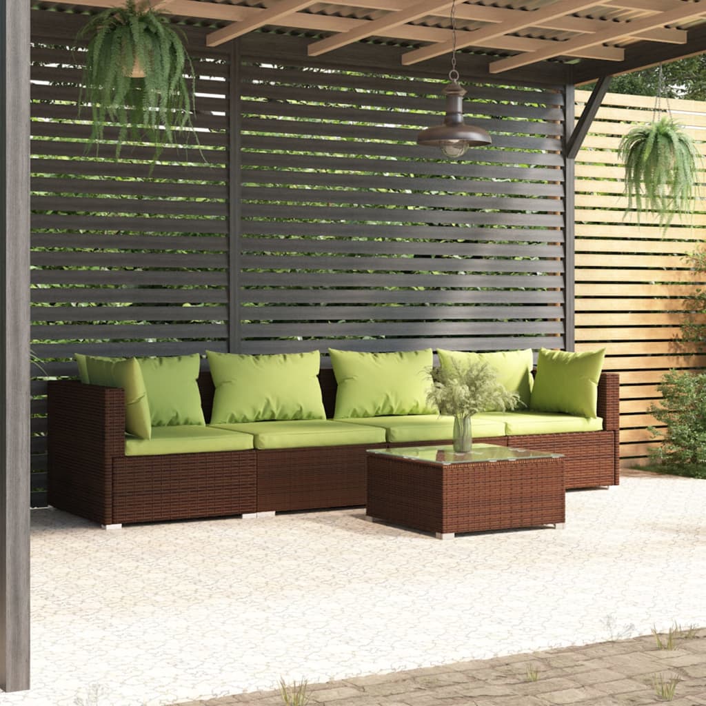 VidaXL 5-delige Loungeset met kussens poly rattan bruin