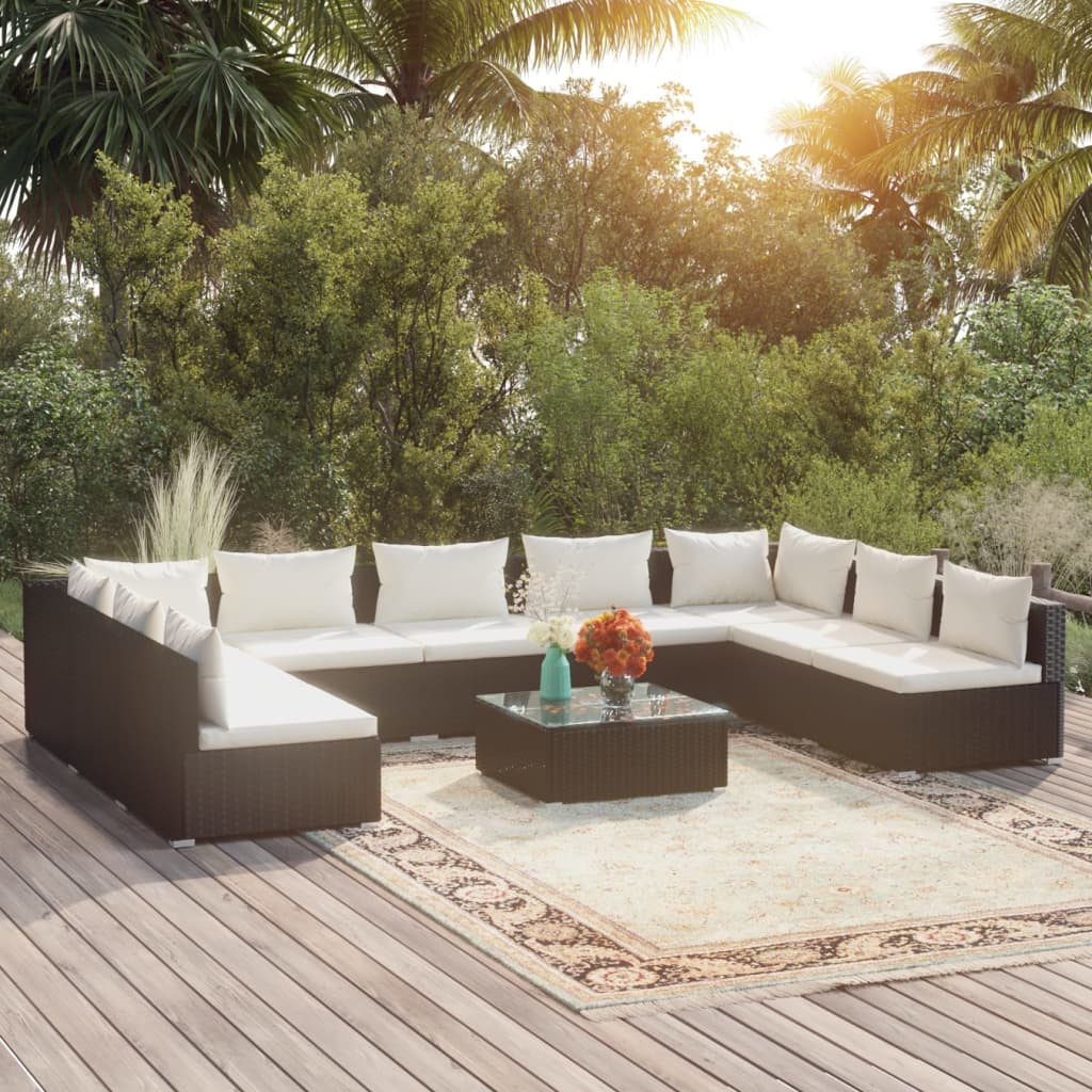 VidaXL 10-delige Loungeset met kussens poly rattan zwart