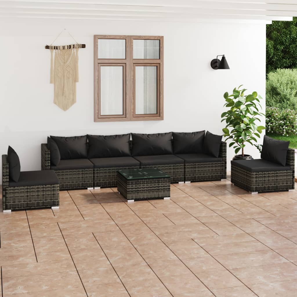 VidaXL 7-delige Loungeset met kussens poly rattan grijs