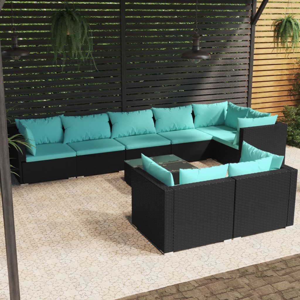 VidaXL 9-delige Loungeset met kussens poly rattan zwart