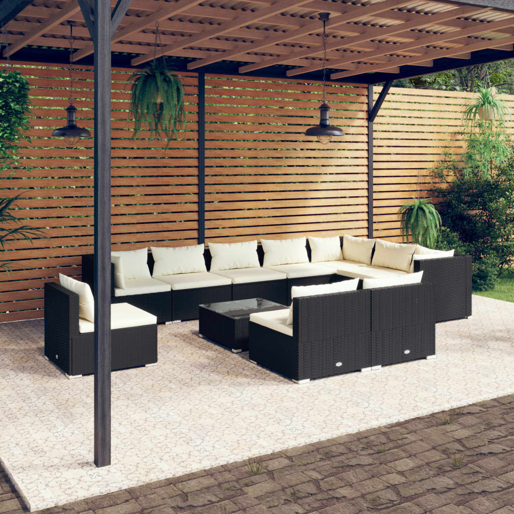 VidaXL 11-delige Loungeset met kussens poly rattan zwart