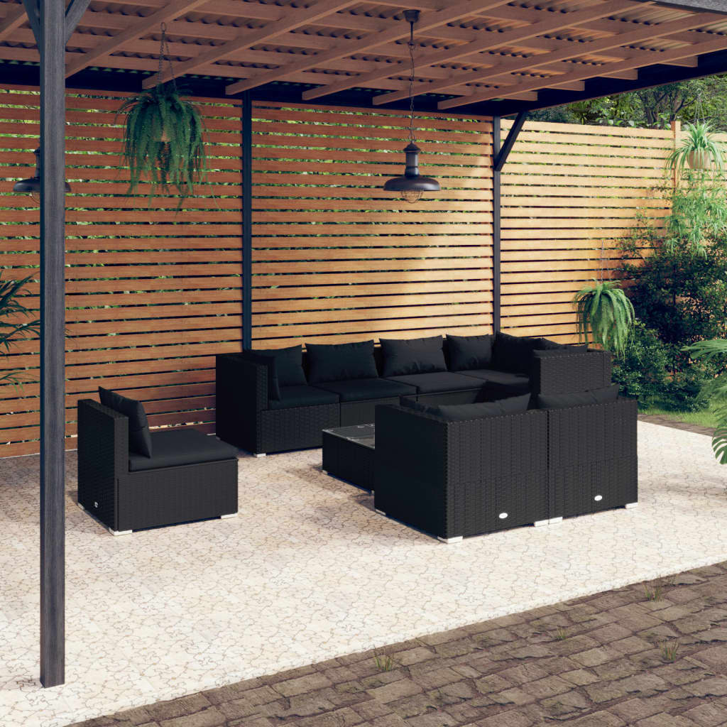 VidaXL 9-delige Loungeset met kussens poly rattan zwart