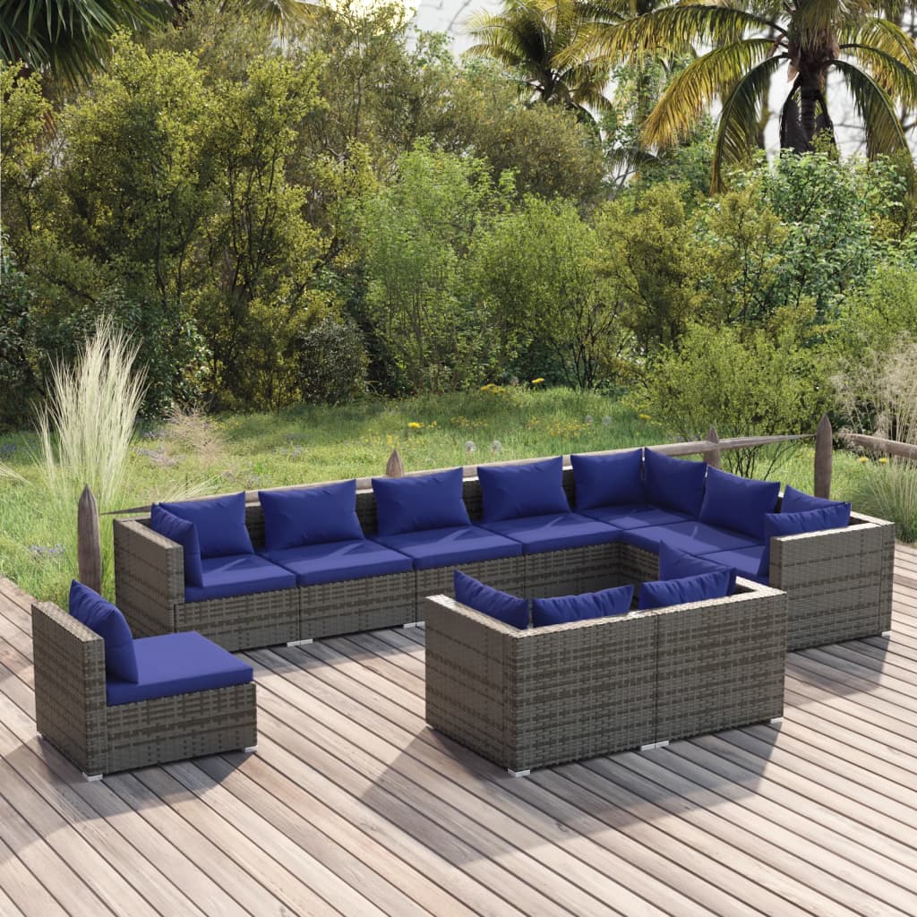 VidaXL 10-delige Loungeset met kussens poly rattan grijs