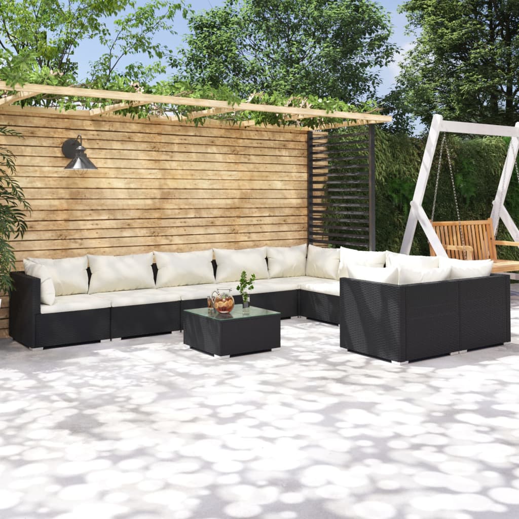 VidaXL 10-delige Loungeset met kussens poly rattan zwart