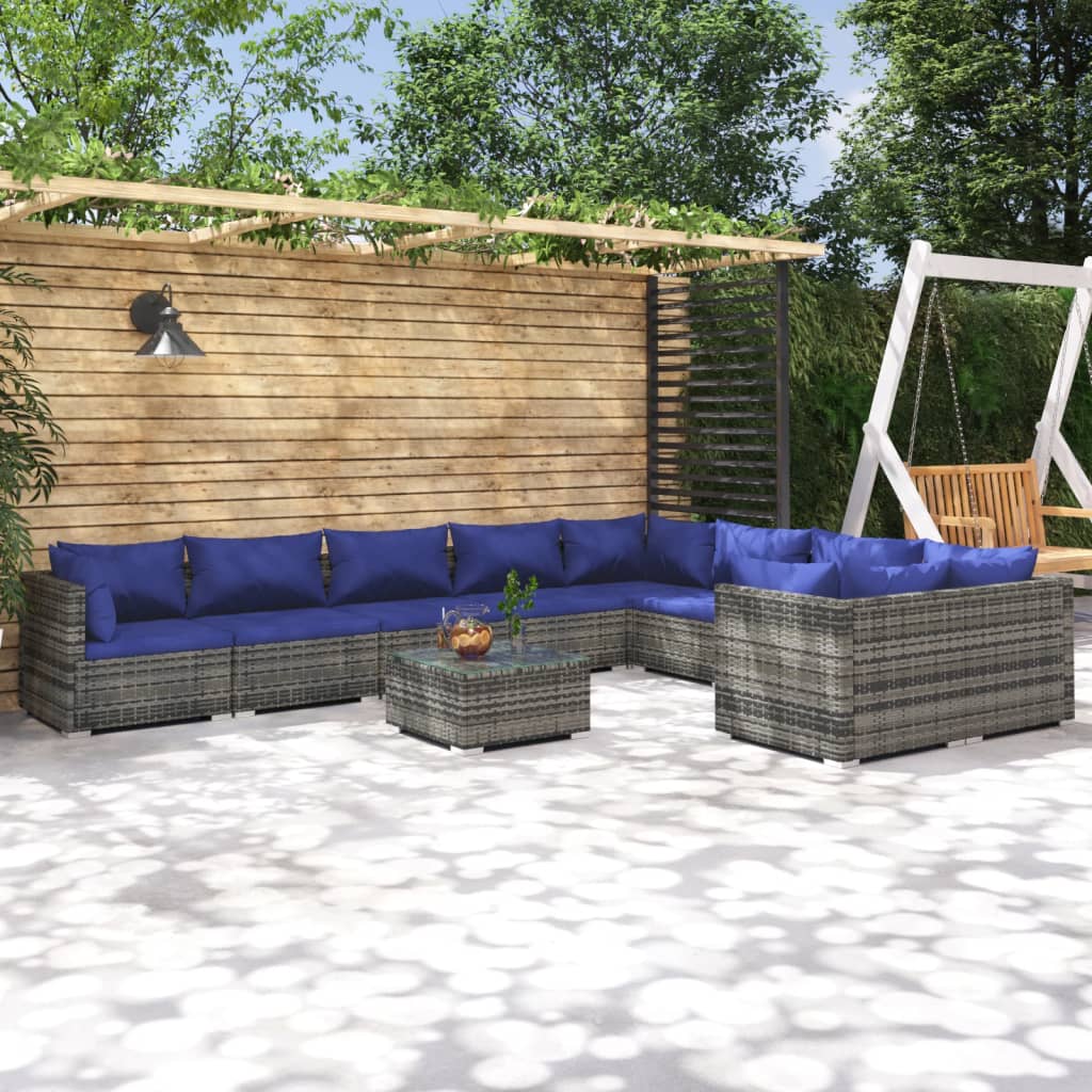 VidaXL 10-delige Loungeset met kussens poly rattan grijs