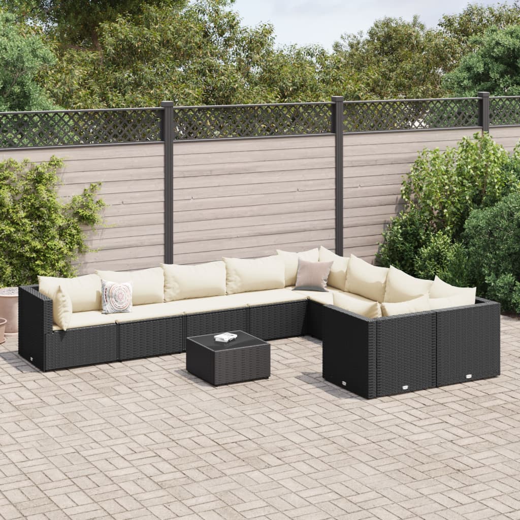 VidaXL 10-delige Loungeset met kussens poly rattan zwart