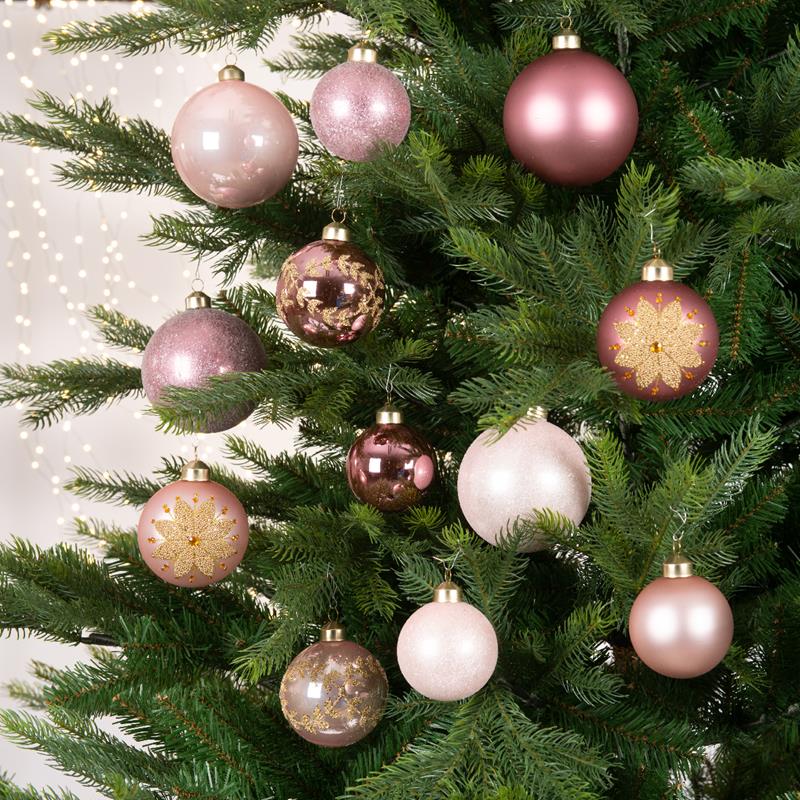 Decoris Kerstballenset Glas Assorti Maten En Decoratie Box A 12stuks Roze