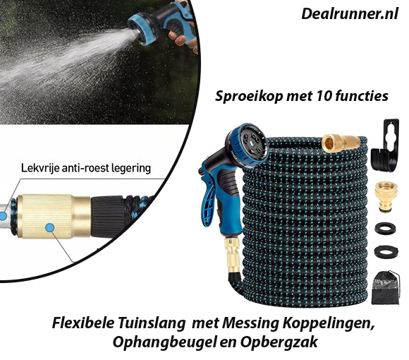 Dealrunner 15 Meter Flexibele Tuinslang  met Messing Koppelingen, Ophangbeugel en Opbergzak