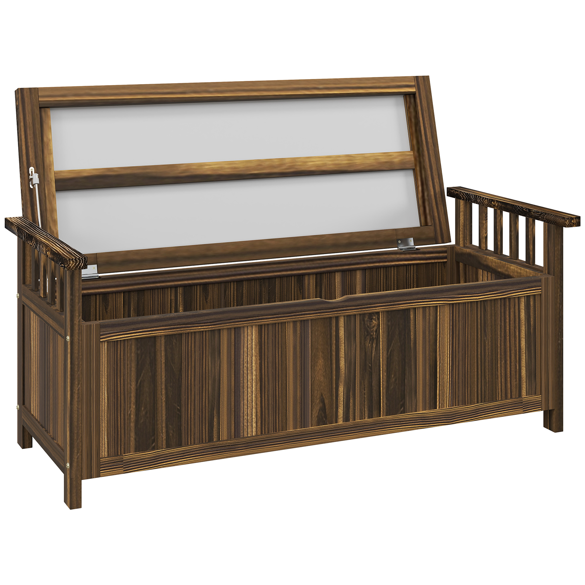 Outsunny 2-Zits Tuinbank van Hout met Weerbestendige Zitting, Tuinmeubilair met Opbergruimte en Armleuningen 128,5 x 56 x 53,5cm, Verkoold