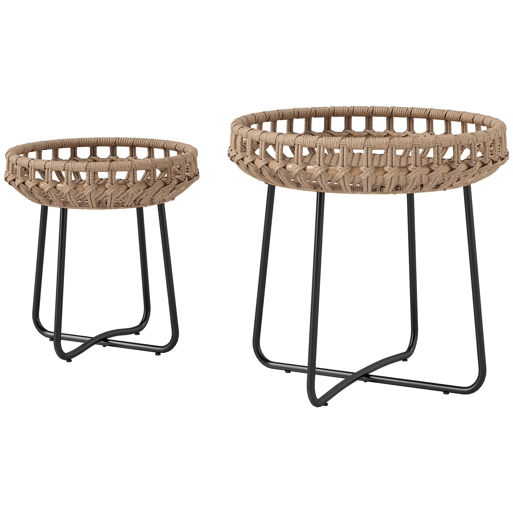 Outsunny 2-delige Set Bijzettafels van Polyriet Ø60/41 cm Rond Weerbestendig Tuin Tafel met X-poten Verstelbare Voetpads Bruin