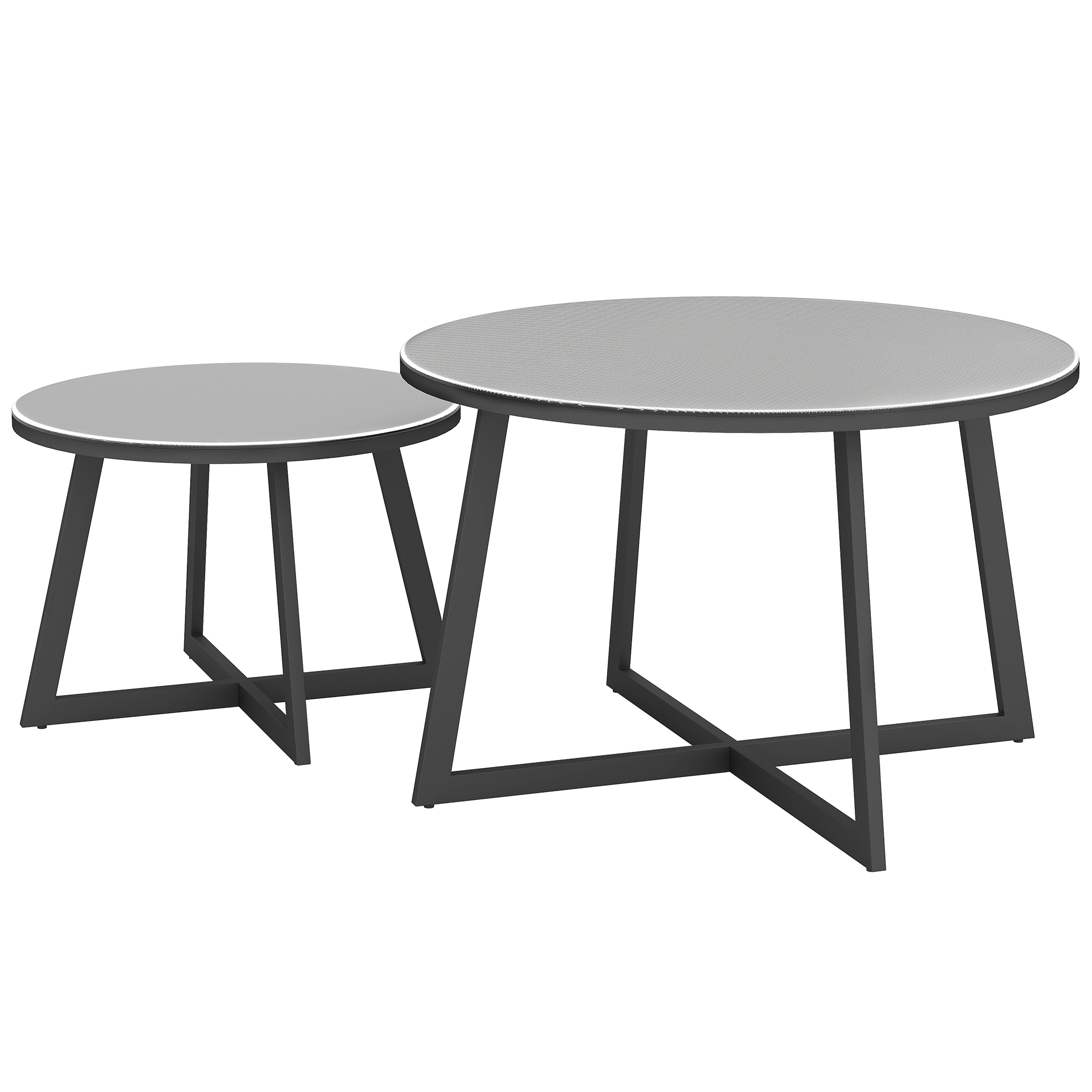 Outsunny 2-delige Set Bijzettafels Stapelbaar Tuintafel Rond Weerbestendig Balkontafel met X-Poten Glasplaat Staal Zwart+Grijs