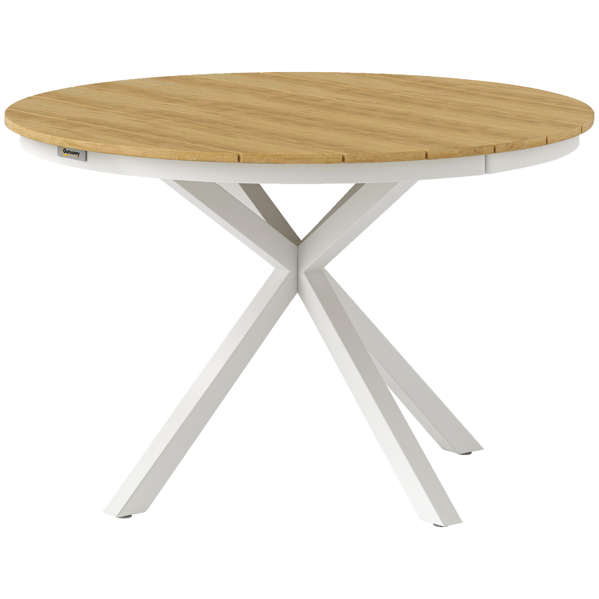 Outsunny Tuintafel Ø118cm, Weerbestendig Balkontafel uit Aluminium, Bijzettafel met Kruispoten Latontwerp Teak