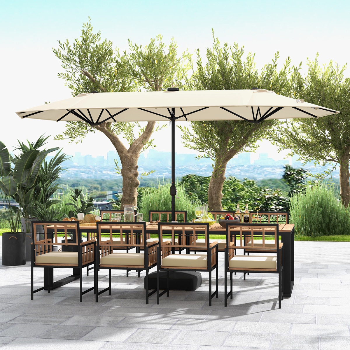 Costway Dubbele Tuinparasol 400 x 200 cm met LED op Zonne-Energie Extra Grote Parasol met Zwengel en Stevige Voet voor Binnenplaats Patio Beige