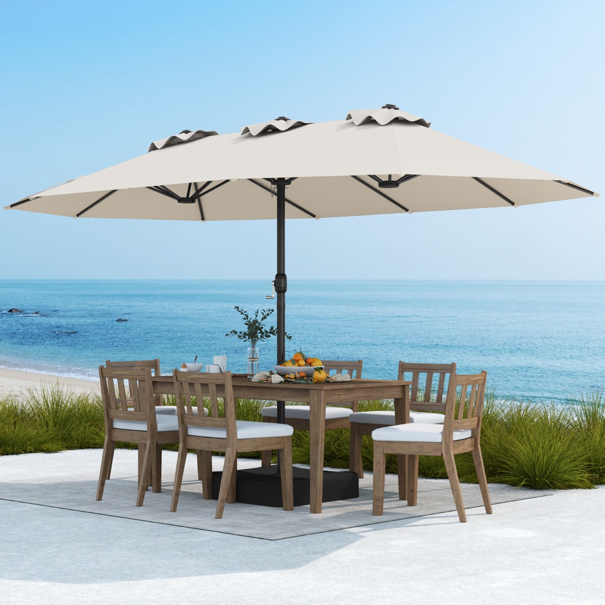 Costway 470 cm Terrasparasol met Voet Zwengel 12 Sterke Baleinen Dubbele Tafelparasol voor Buiten Rechthoekige Parasol voor Terras Tuin