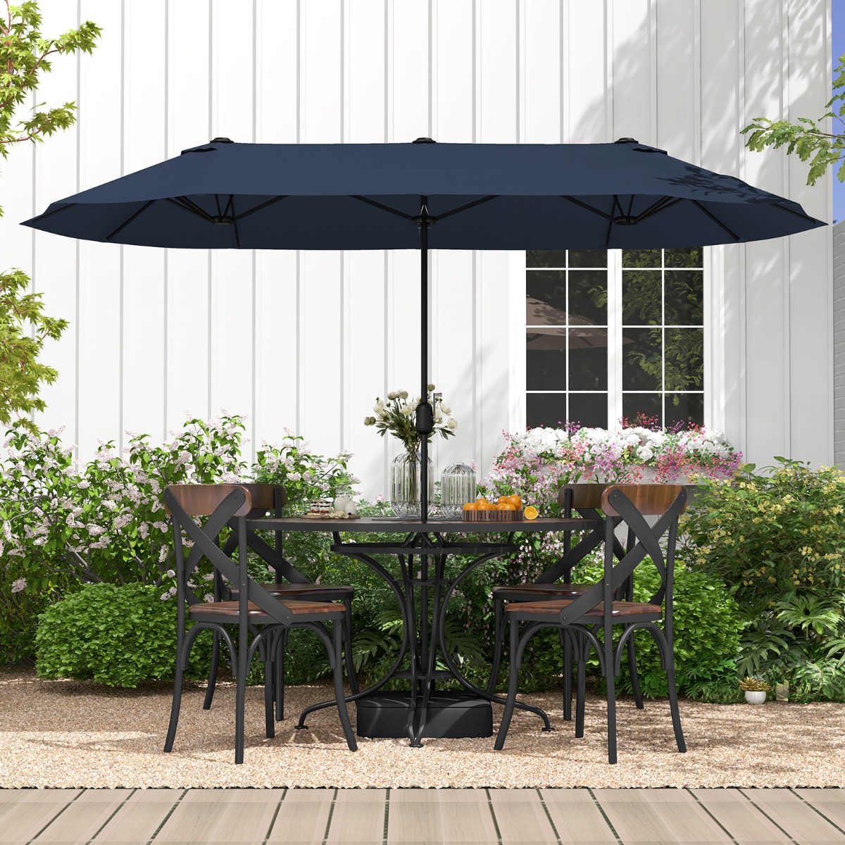 Costway 396 cm Dubbele Terras Parasol 240 cm Hoog Extra Grote Paraplu Zwengel Verzwaarde Voet Slot Ventilatie Offset Deurparasol voor Tuin