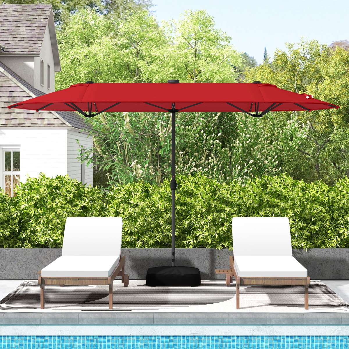 Costway 400 x 200 cm Dubbele Tuinparasol met LED op Zonne-Energie Extra Grote Parasol met Zwengel en Stevige Voet voor Binnenplaats Patio Zwembad
