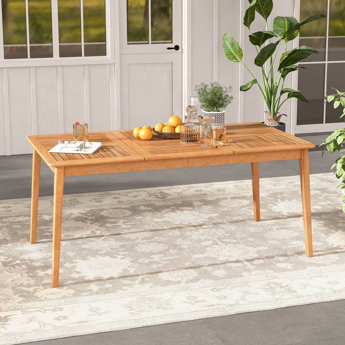 Costway Acacia Houten Tuintafel 170x90cm Grote Terrastafel voor 6 Personen Rechthoekige Balkontafel met Paraplugat Houten Tafel Buiten Eettafel