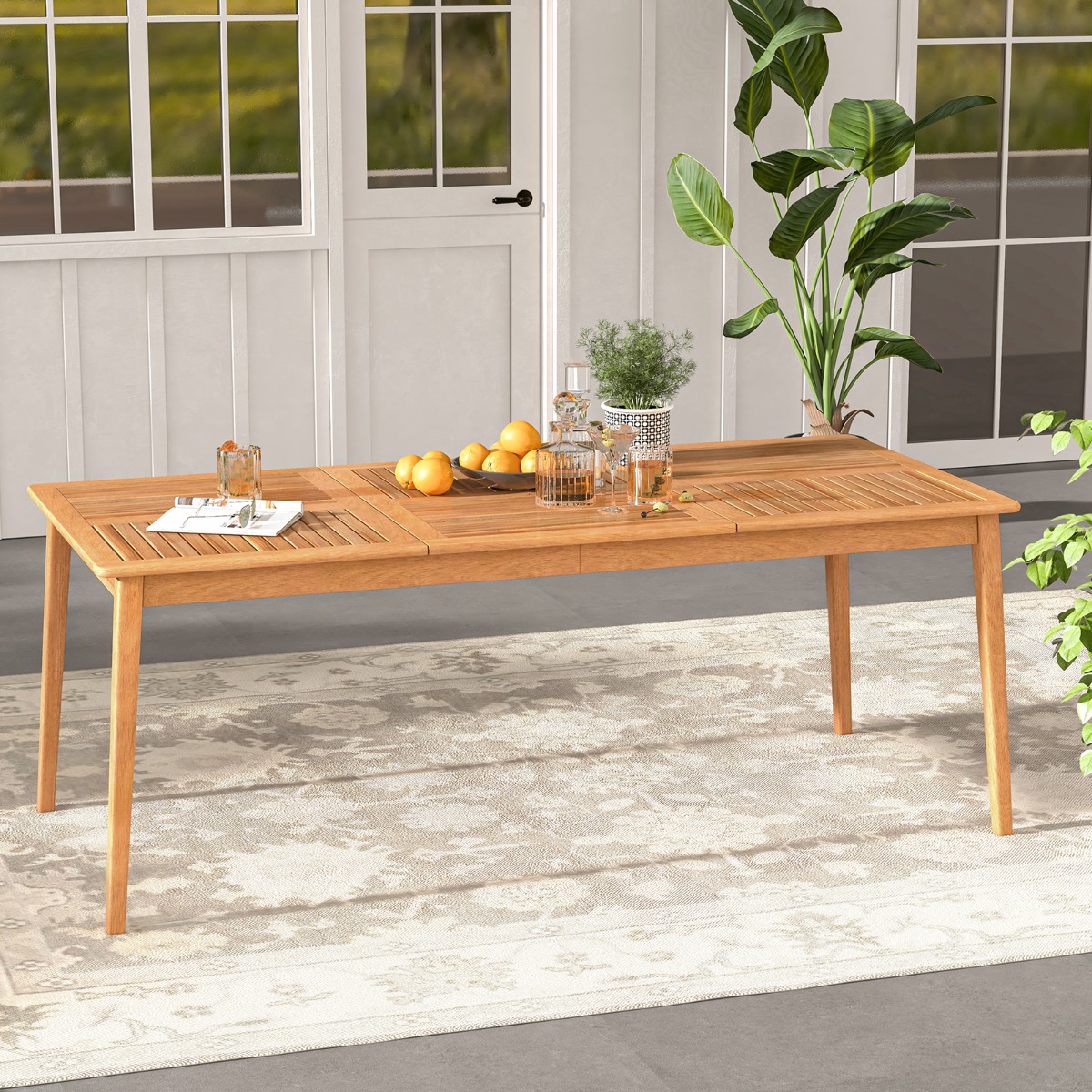 Costway 200x90cm Tuintafel Acaciahout Grote Terrastafel voor 8 Personen Rechthoekige Balkontafel met Paraplugat Houten Tafel Eettafel voor Buiten