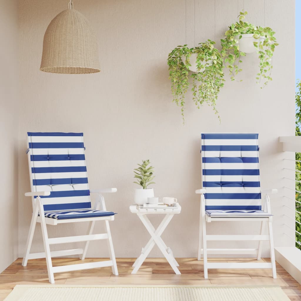 VidaXL Stoelkussens 2 st hoge rug gestreepte stof wit en blauw