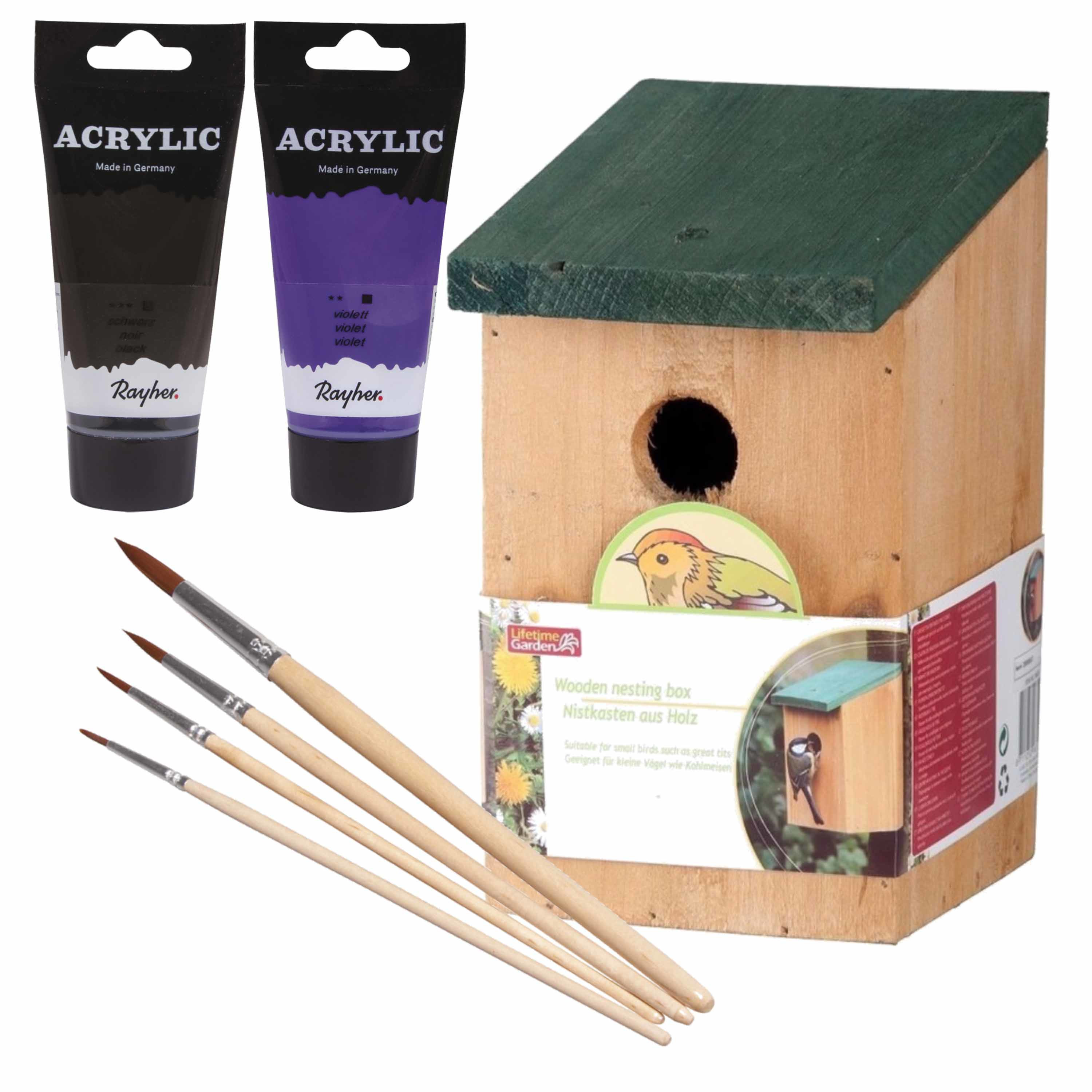 Lifetime Garden Houten vogelhuisje/nestkastje 22 cm - zwart/donker paars Dhz schilderen pakket -