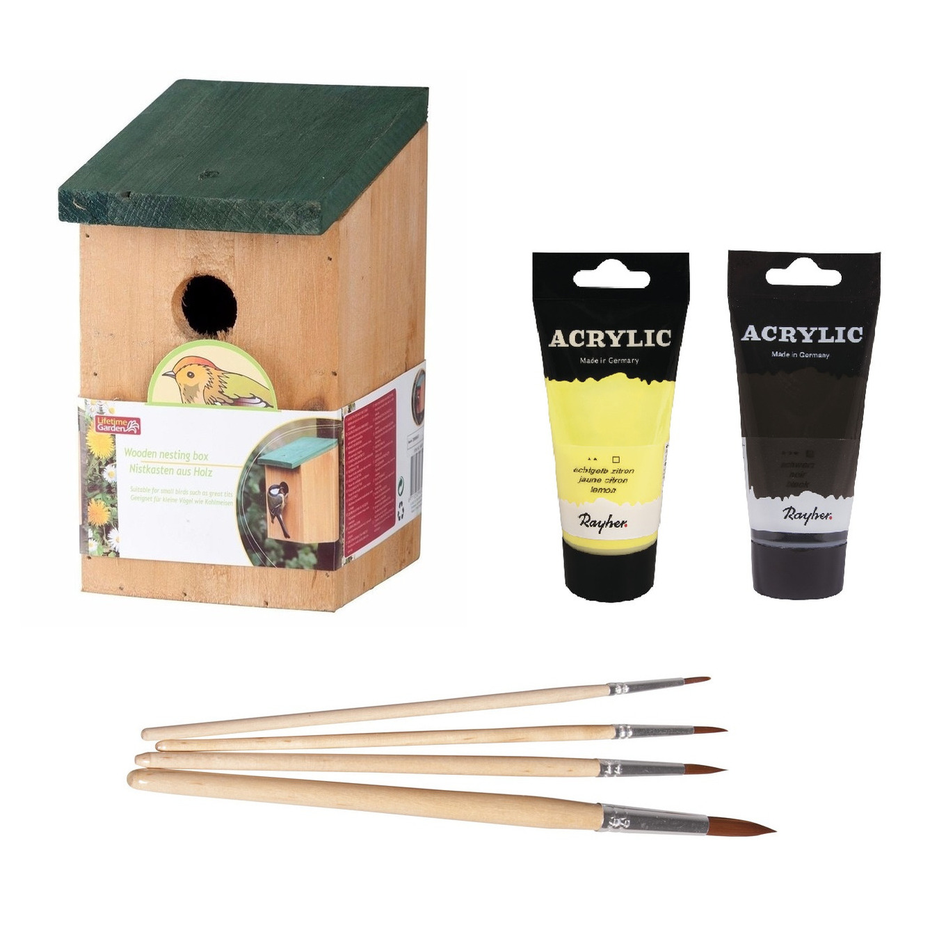 Lifetime Garden Houten vogelhuisje/nestkastje 22 cm - zwart/geel Dhz schilderen pakket -