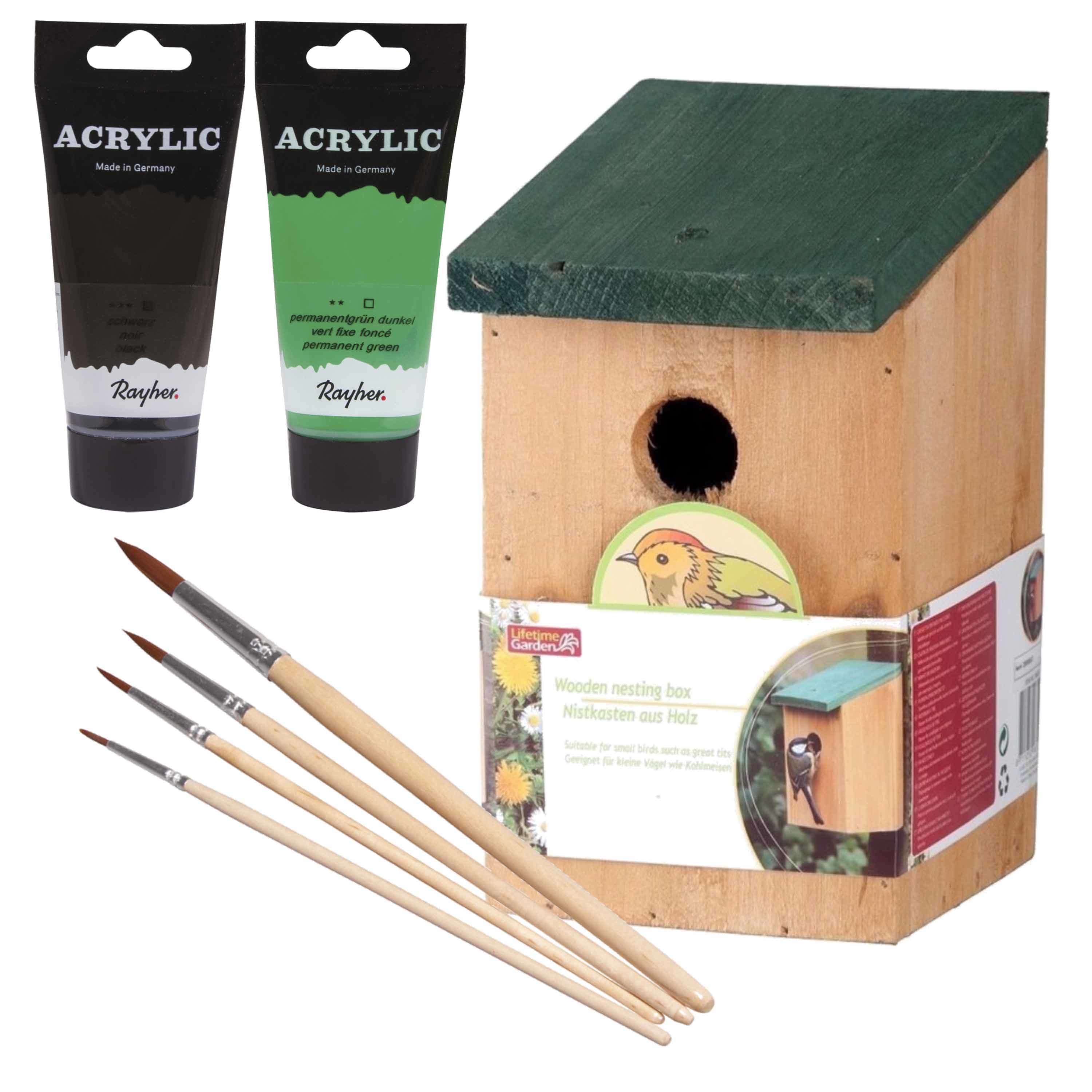 Lifetime Garden Houten vogelhuisje/nestkastje 22 cm - zwart/groen Dhz schilderen pakket -