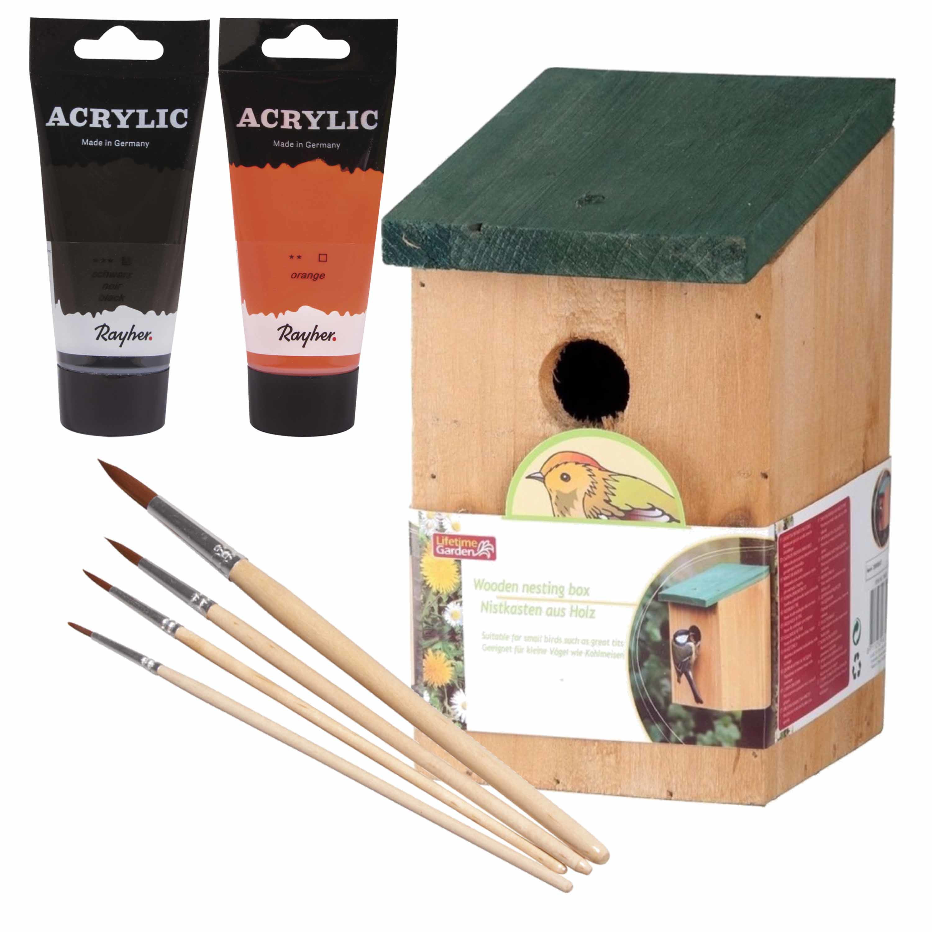 Lifetime Garden Houten vogelhuisje/nestkastje 22 cm - zwart/oranje Dhz schilderen pakket -