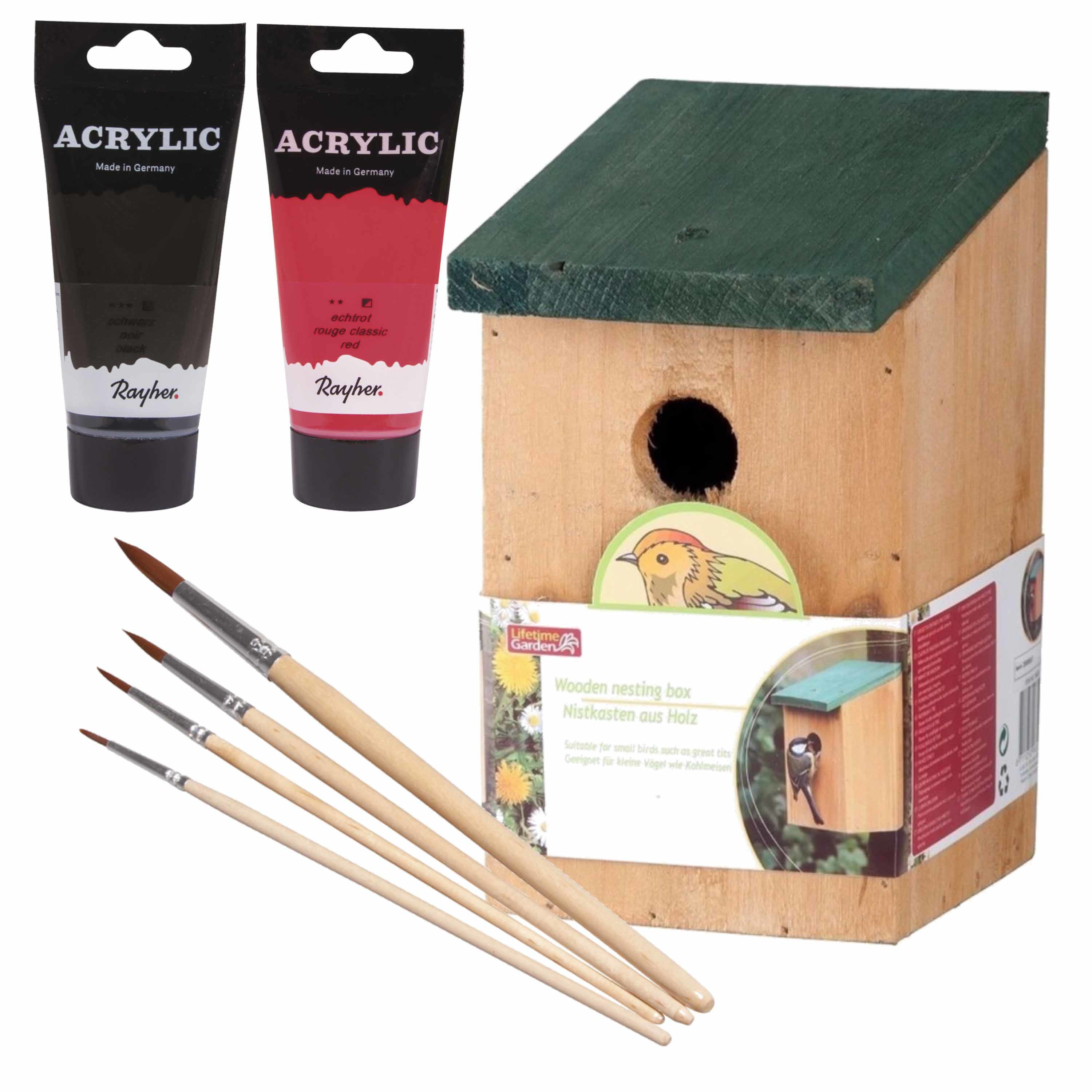 Lifetime Garden Houten vogelhuisje/nestkastje 22 cm - zwart/rood Dhz schilderen pakket -