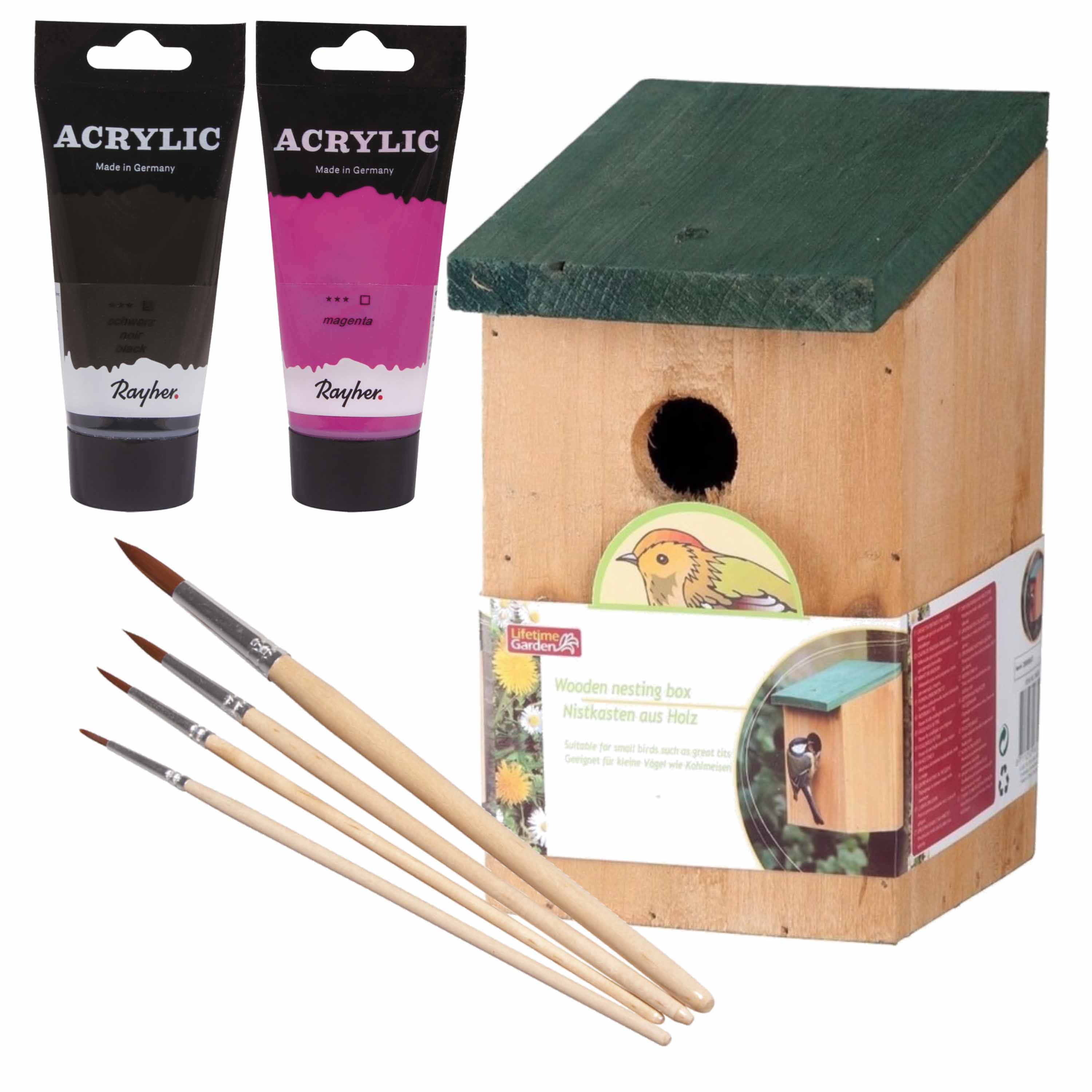 Lifetime Garden Houten vogelhuisje/nestkastje 22 cm - zwart/roze DHZ schilderen pakket -