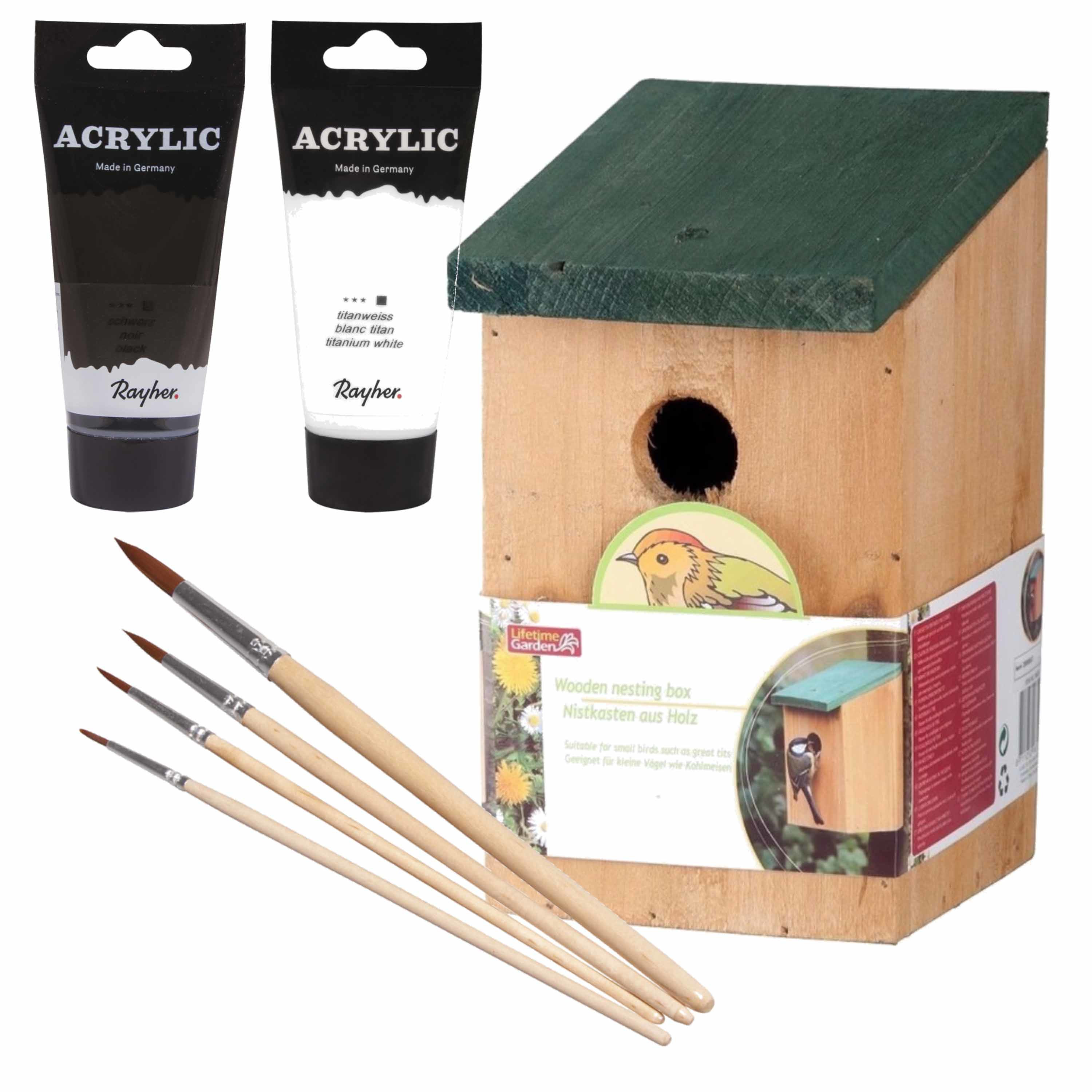 Lifetime Garden Houten vogelhuisje/nestkastje 22 cm - zwart/wit DHZ schilderen pakket -