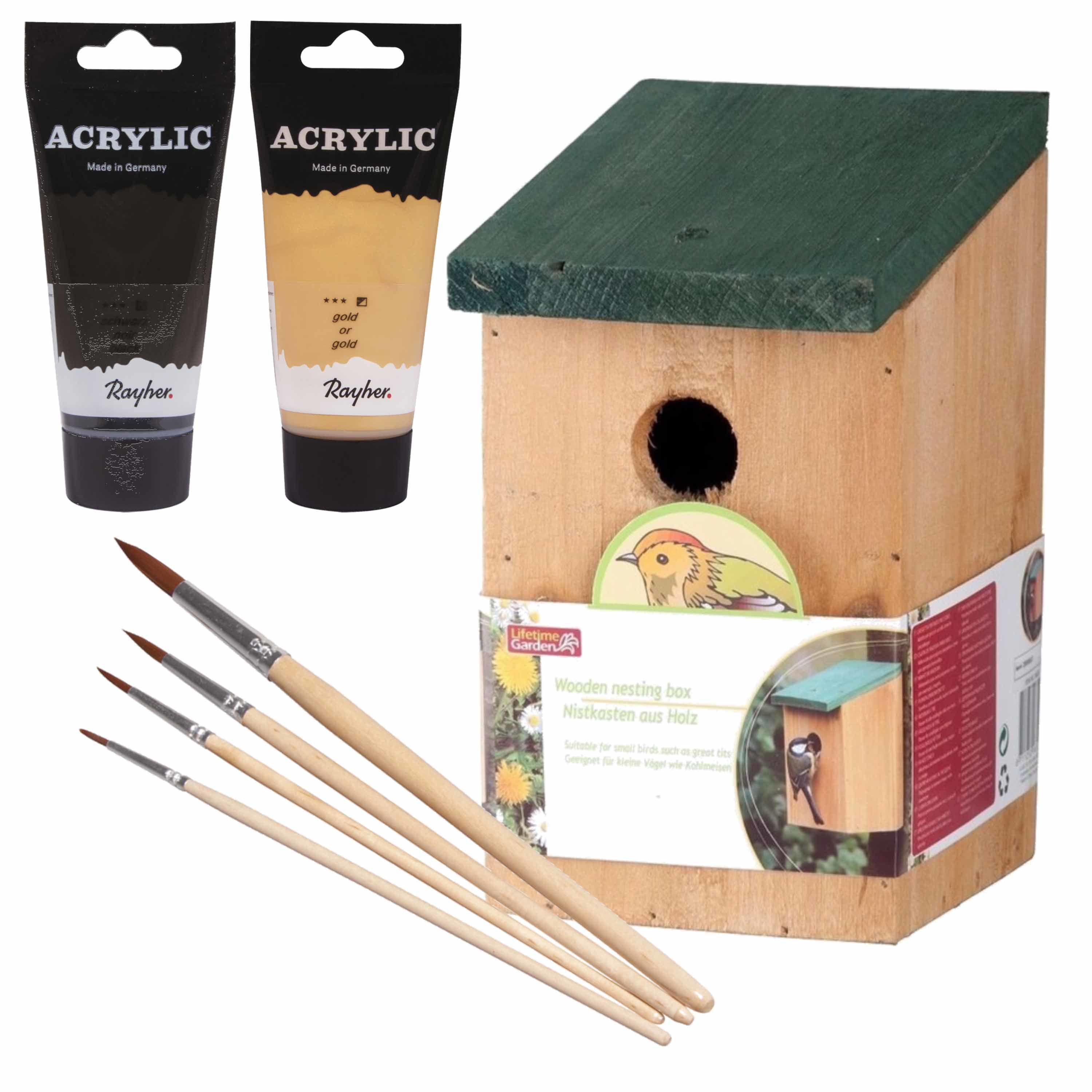 Lifetime Garden Houten vogelhuisje/nestkastje 22 cm - zwart/goud Dhz schilderen pakket -