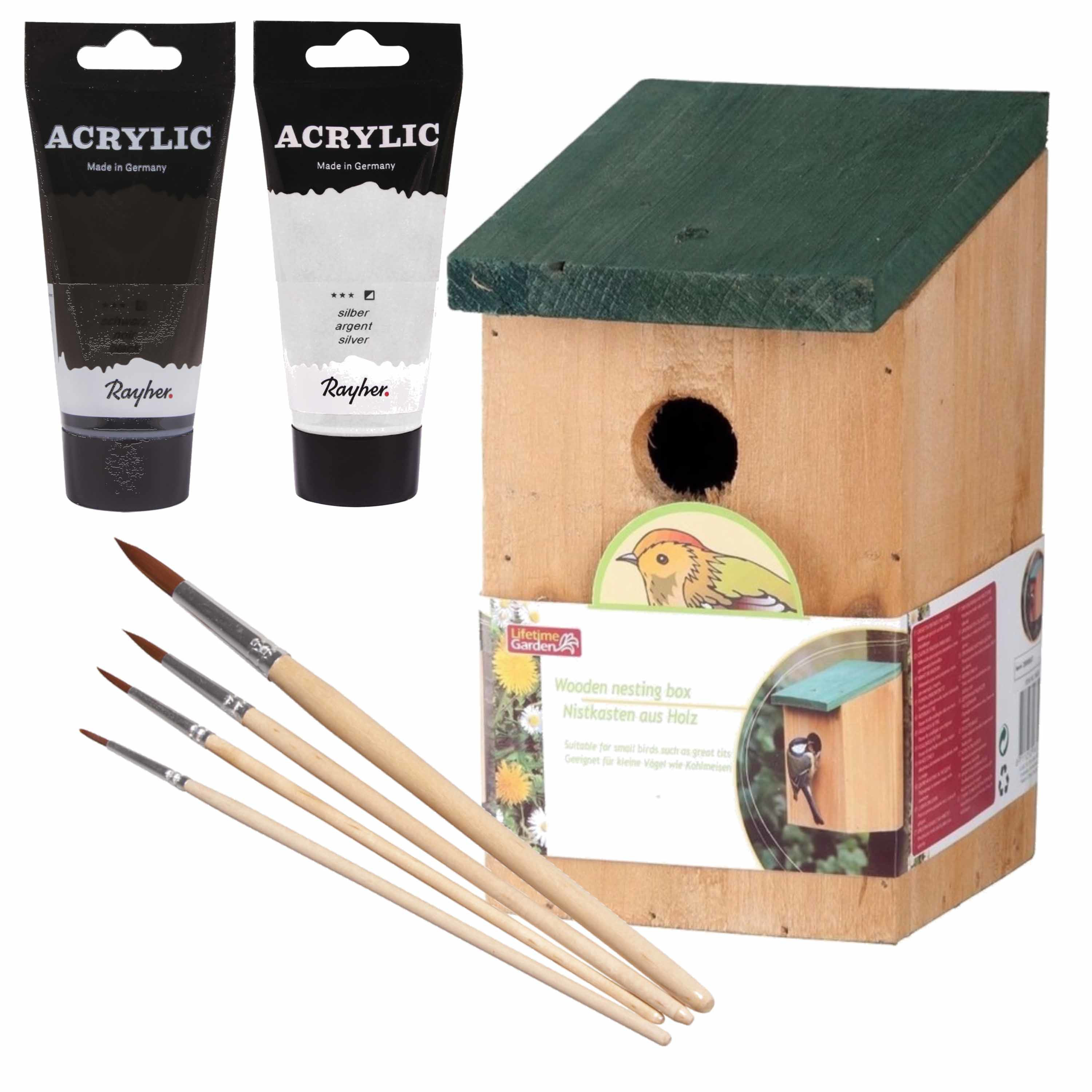 Lifetime Garden Houten vogelhuisje/nestkastje 22 cm - zwart/zilvergrijs Dhz schilderen pakket -
