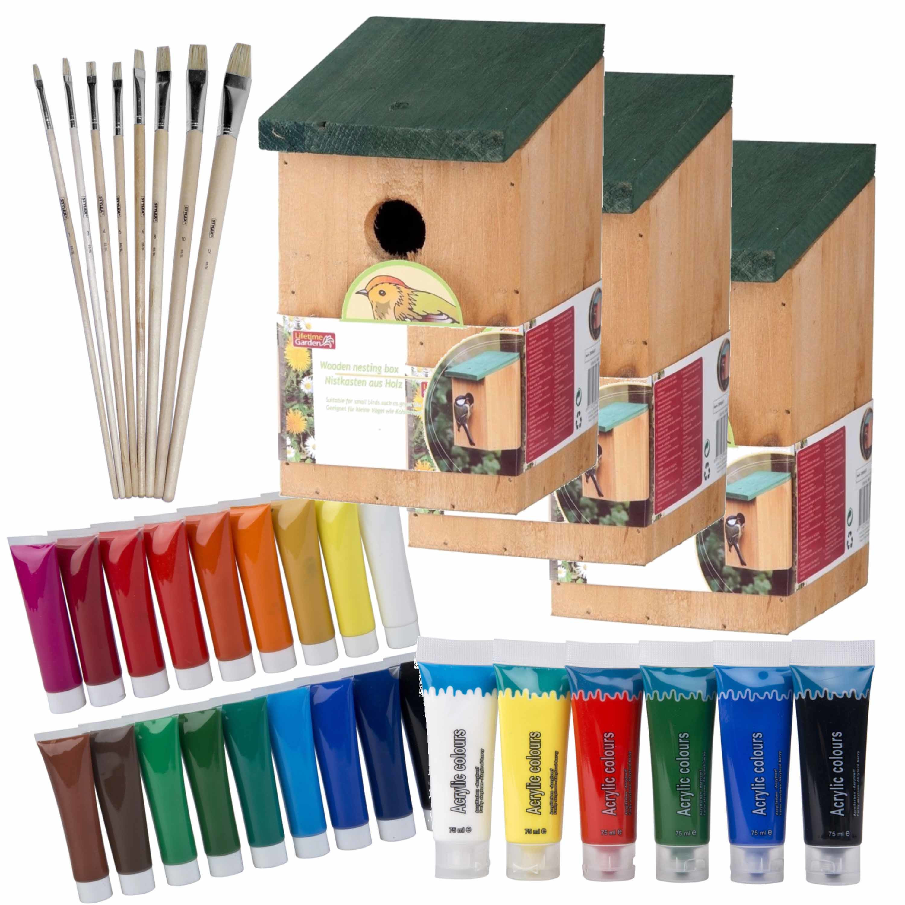 Lifetime Garden 8x stuks houten vogelhuisje/nestkastje 22 cm - Zelf schilderen pakket - verf/kwasten -