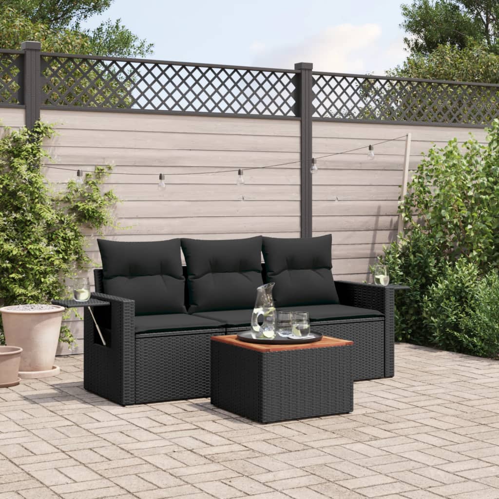 VidaXL 4-delige Loungeset met kussens poly rattan zwart