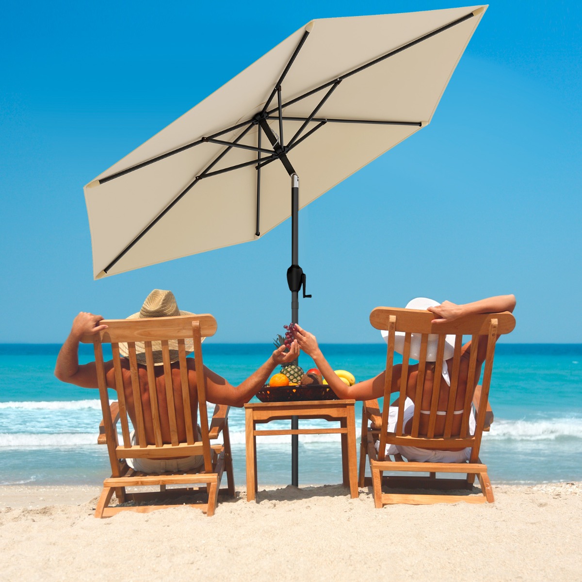 Costway 230 cm Patioparasol Robuuste Parasol met Drukknop Kantelfunctie Zwengel Geventileerd Scherm Verstelbare Hoek Grote Tafelparasol