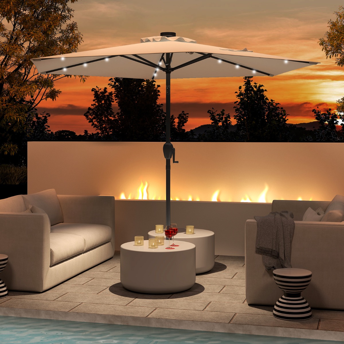 Costway 230 cm Zonnescherm op Zonne-Energie voor Terras Stevig Zonnescherm met LED-Verlichting Kantelknop Zwengel Geventileerd Zonnescherm
