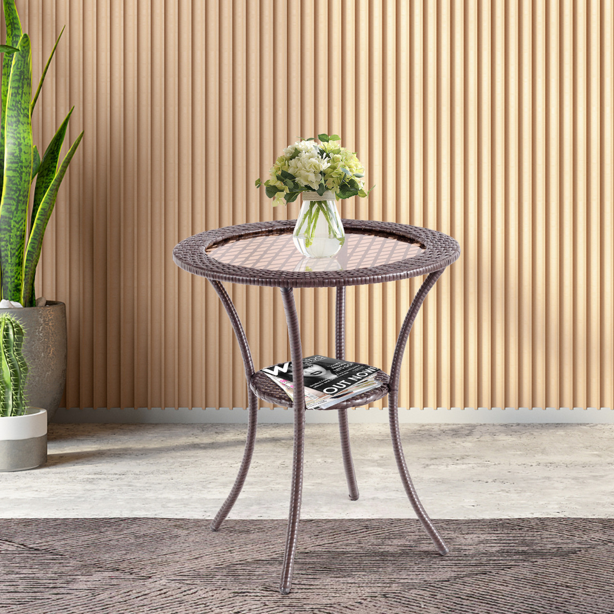 Costway Buiten Ronde Eettafel Patio Bistro Tafel met Gehard Glazen Tafelblad en Opbergplank 64 x 64 x 72CM Bruin