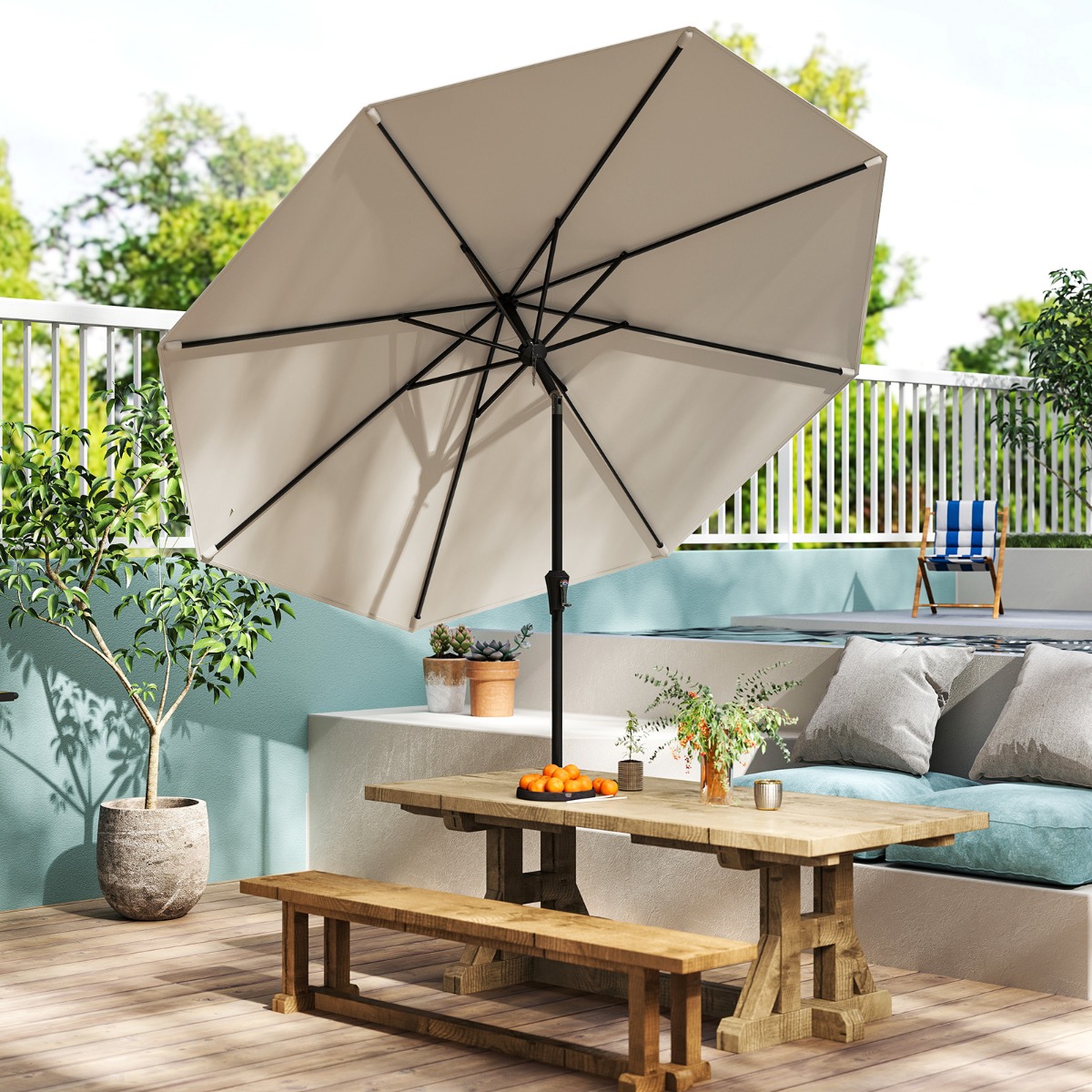 Costway 270 cm Grote Terrasparasol Kantelbare Marktscherm met Zwengel Zonbestendige Tafelparasol Parasol voor Tuin Strand Zwembad