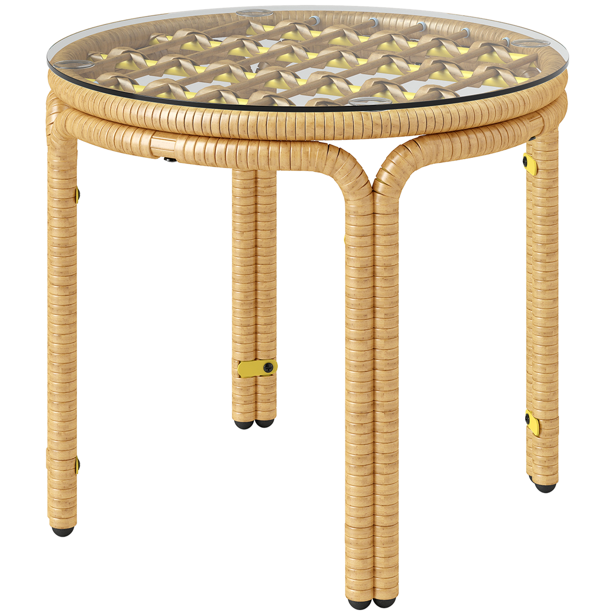 Outsunny Bijzettafel van Polyriet Ronde Salontafel met Glazen Tafelblad Nachtkastje Ø50 cm Geel