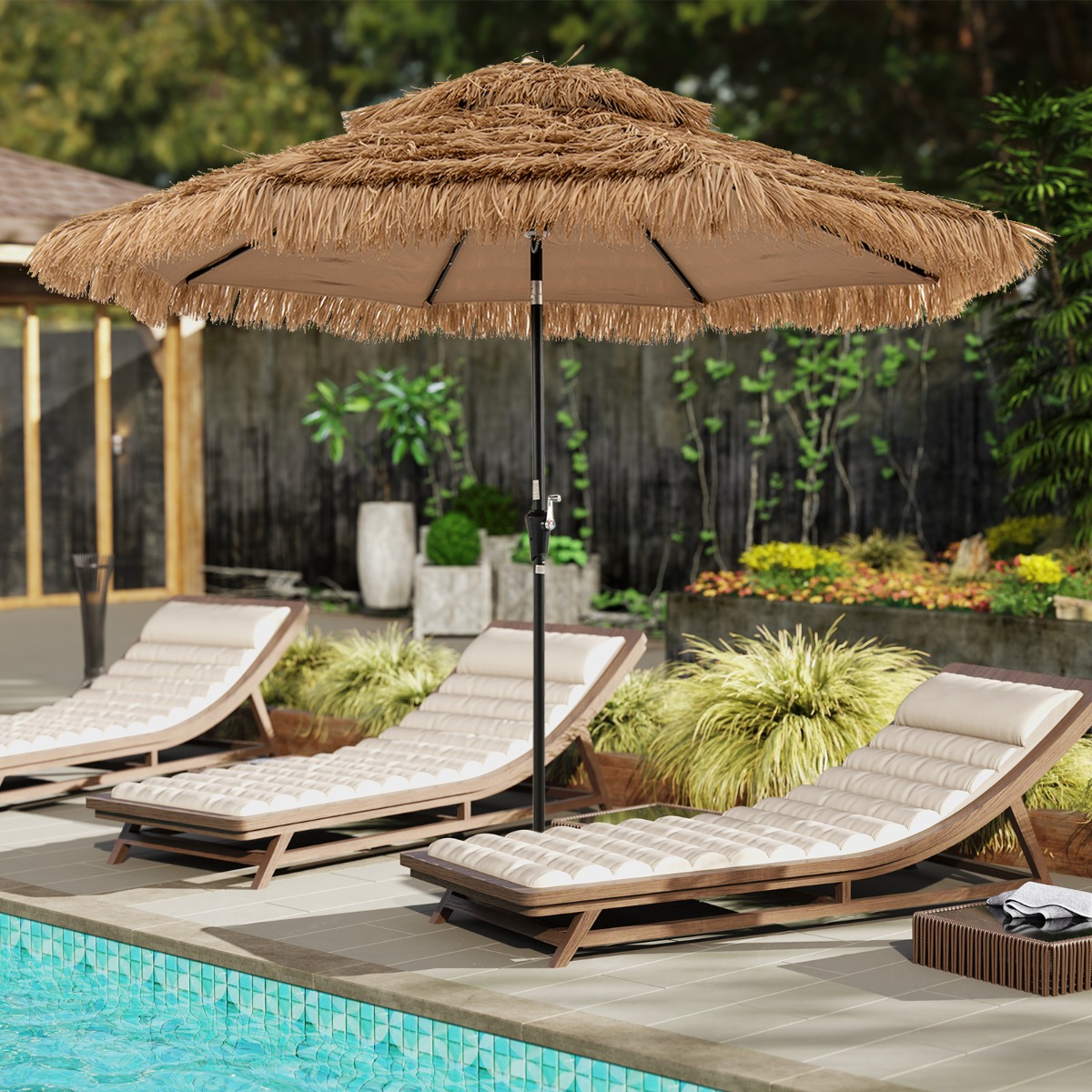 Costway 313 cm Terrasparasol met Strooien Dak Strandparasol in Hawaiiaanse Stijl met Centrale Naafverlichting Parasol voor Tuin