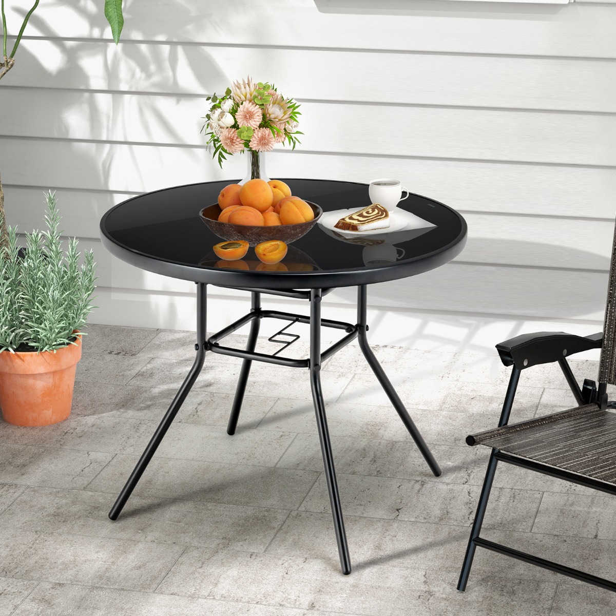 Costway Ronde Tuintafel van Gehard Glas Bijzettafel voor Buiten met een Parasolgat van 3,5 cm Eettafel met Stevig Metalen Frame Zwart