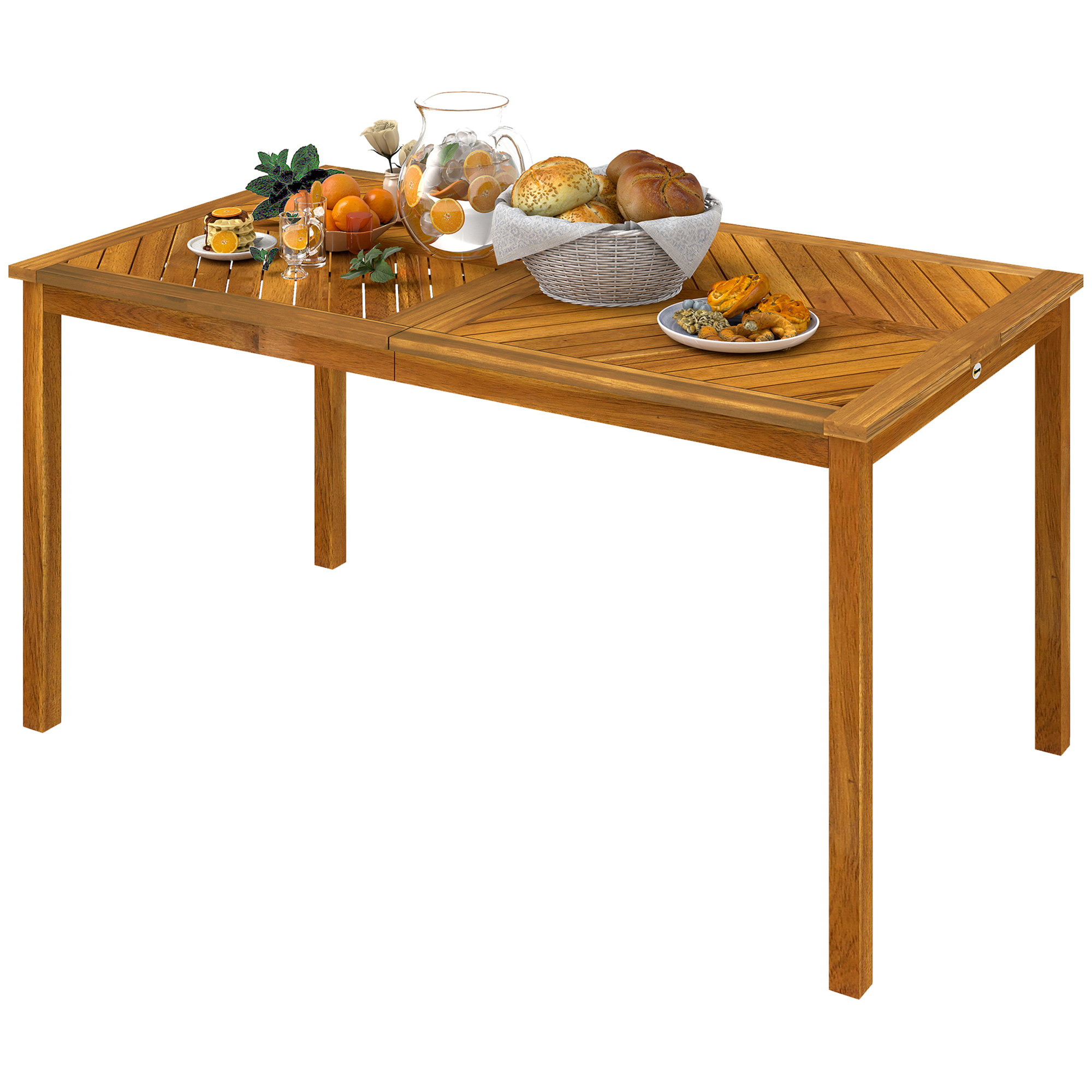 Outsunny Tuintafel inklapbaar 150x85cm, Weerbestendige Balkontafel van Hout, 6-Persoons met Parasolgat, Lamellenontwerp Teak