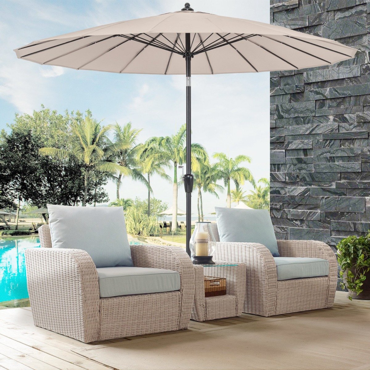 Costway Ø 265 cm Tuinparasol Kantelbare Parasol met Zwengel Buiten Paraplu met 18 Stangen & UV-bestendig Doek Beige