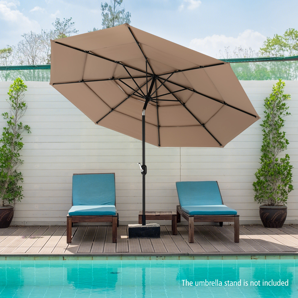 Costway Parasol met 3 Verdiepingen Ø 300 cm Dubbel Geventileerde Tuinparasol met Zwengel aan Beide Zijden 45 Graden Knikbaar Bruin