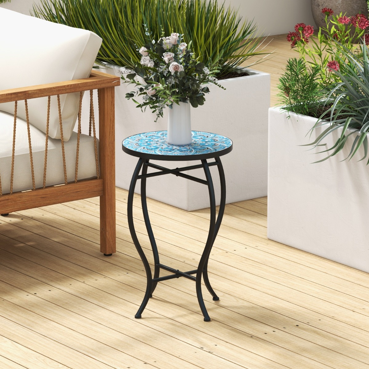 Costway Bijzettafel met Mozaïek voor Buiten Kleine 35 cm Ronde Salontafel met Keramisch Tegelblad Plantenstandaard Blauw