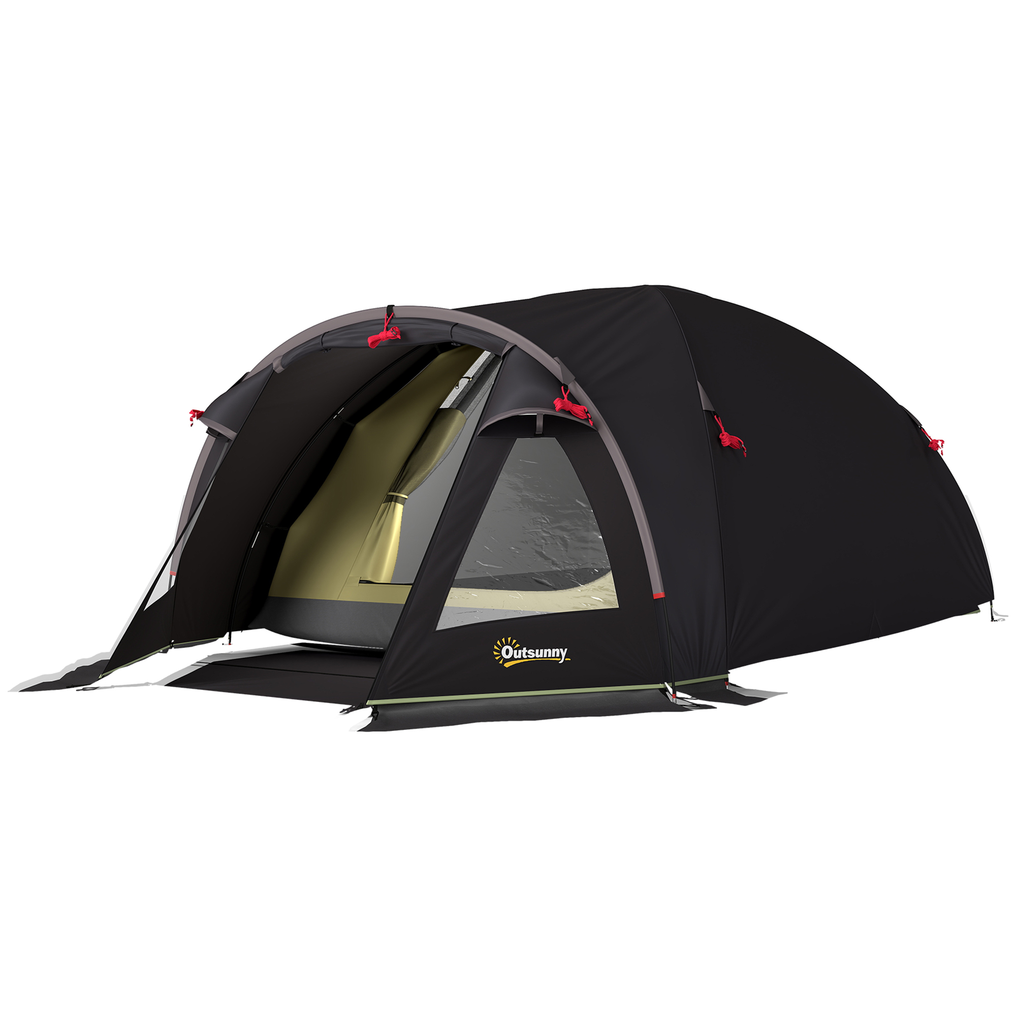 Outsunny Lichtgewicht, Stabiel UV 50+ 4-Persoons Tunneltent met Luifel Zijdeur & Ramen Zwart