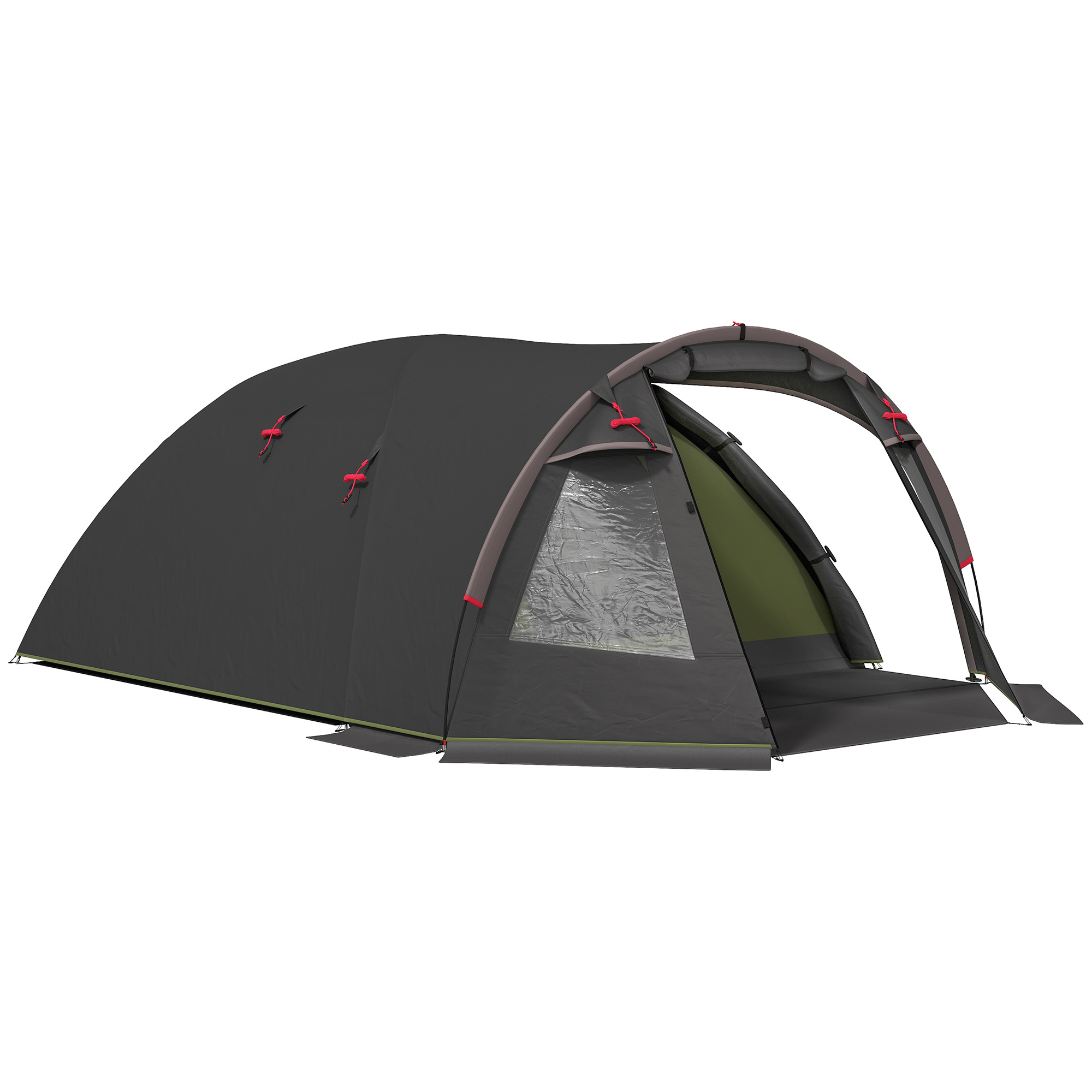 Outsunny Lichtgewicht, Stabiele, Waterdichte UV 50+ Tunneltent voor 4 Personen met Luifel, Dubbeldeurs Zwart