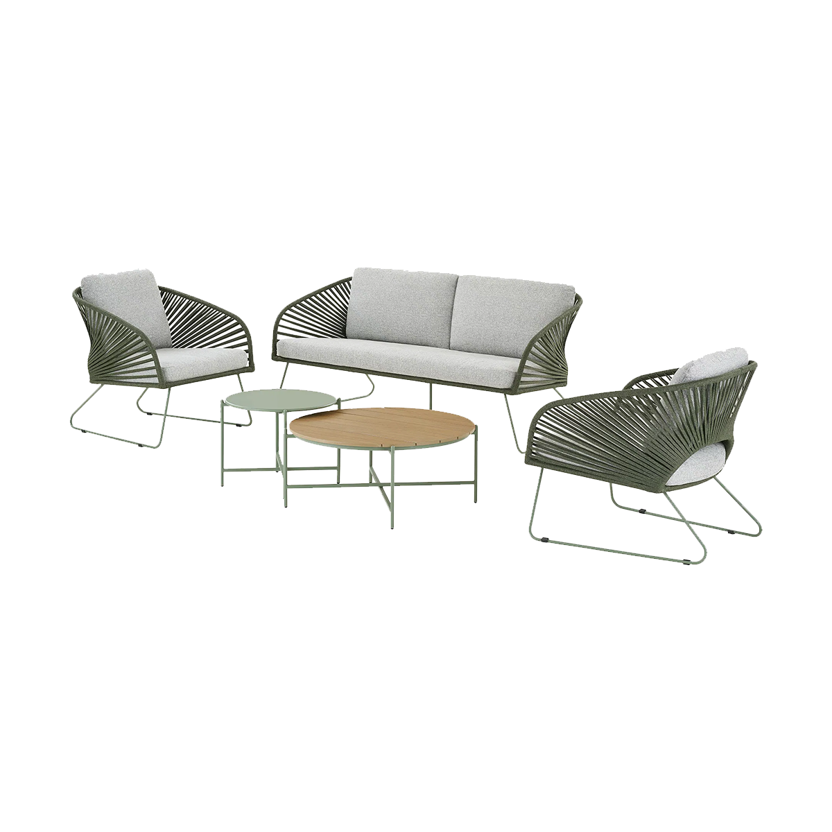 Artichok Mischa tuin loungeset groen 5delig - tweezitsbank, twee fauteuils, twee salontafels - met zitkussens